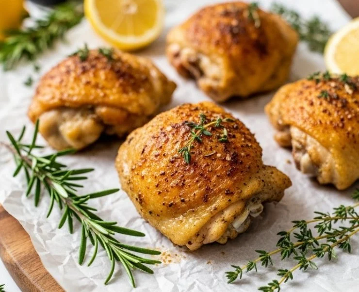 Crispy baked chicken thighs garnished with herbs on a plate.