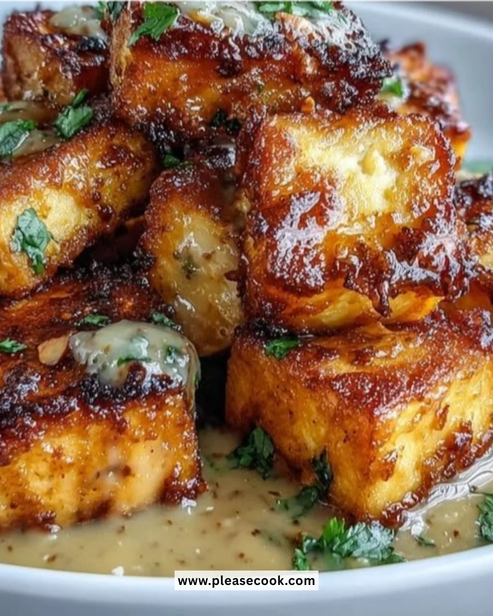 Plate of crispy tofu drizzled with peanut sauce, garnished with green onions.