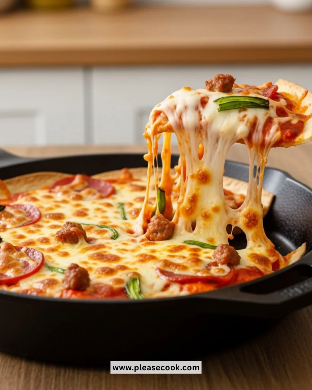 Crispy tortilla skillet pizza topped with fresh ingredients and melted cheese