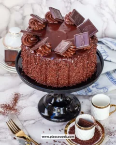 Delicious dark chocolate cake topped with chocolate ganache