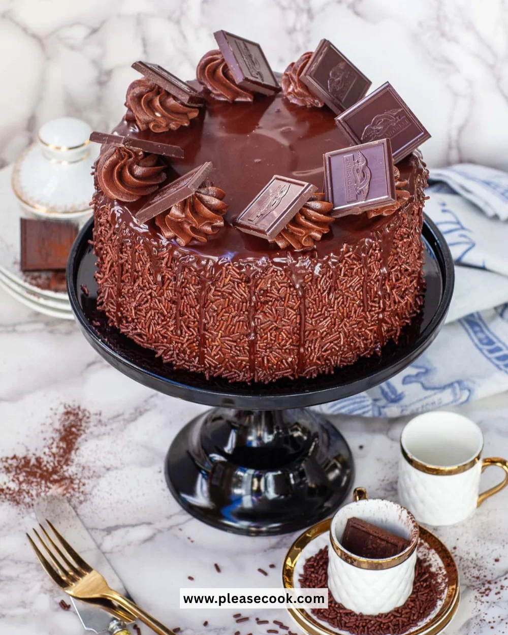 Delicious dark chocolate cake topped with chocolate ganache