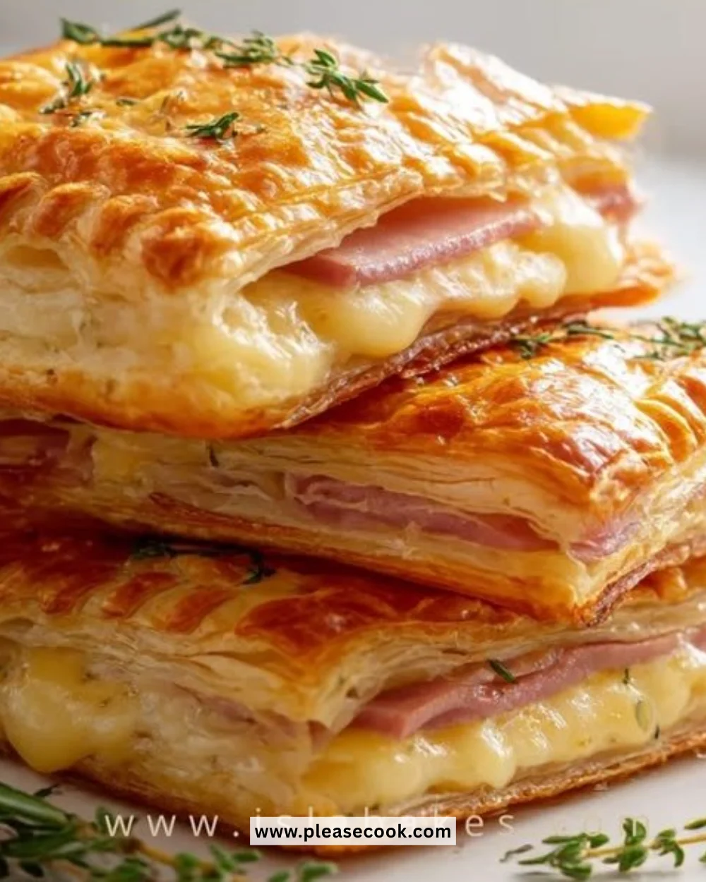 Crispy beef ham and cheese puff pastry stacks ready to serve