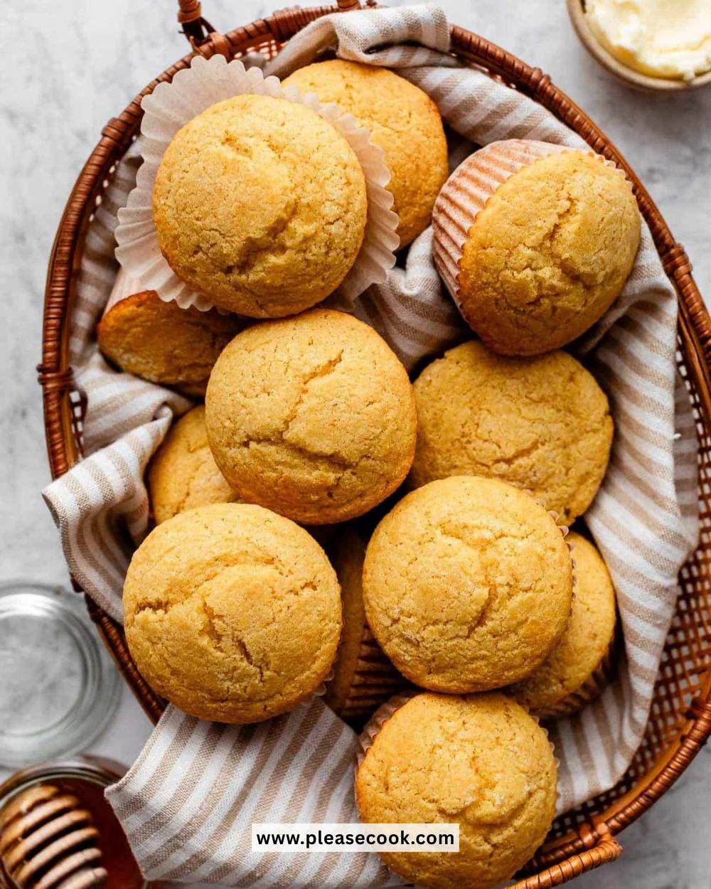 Freshly baked easy cornbread muffins on a wooden table