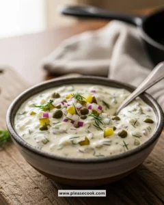 Bowl of easy homemade tartar sauce with fresh herbs and lemon