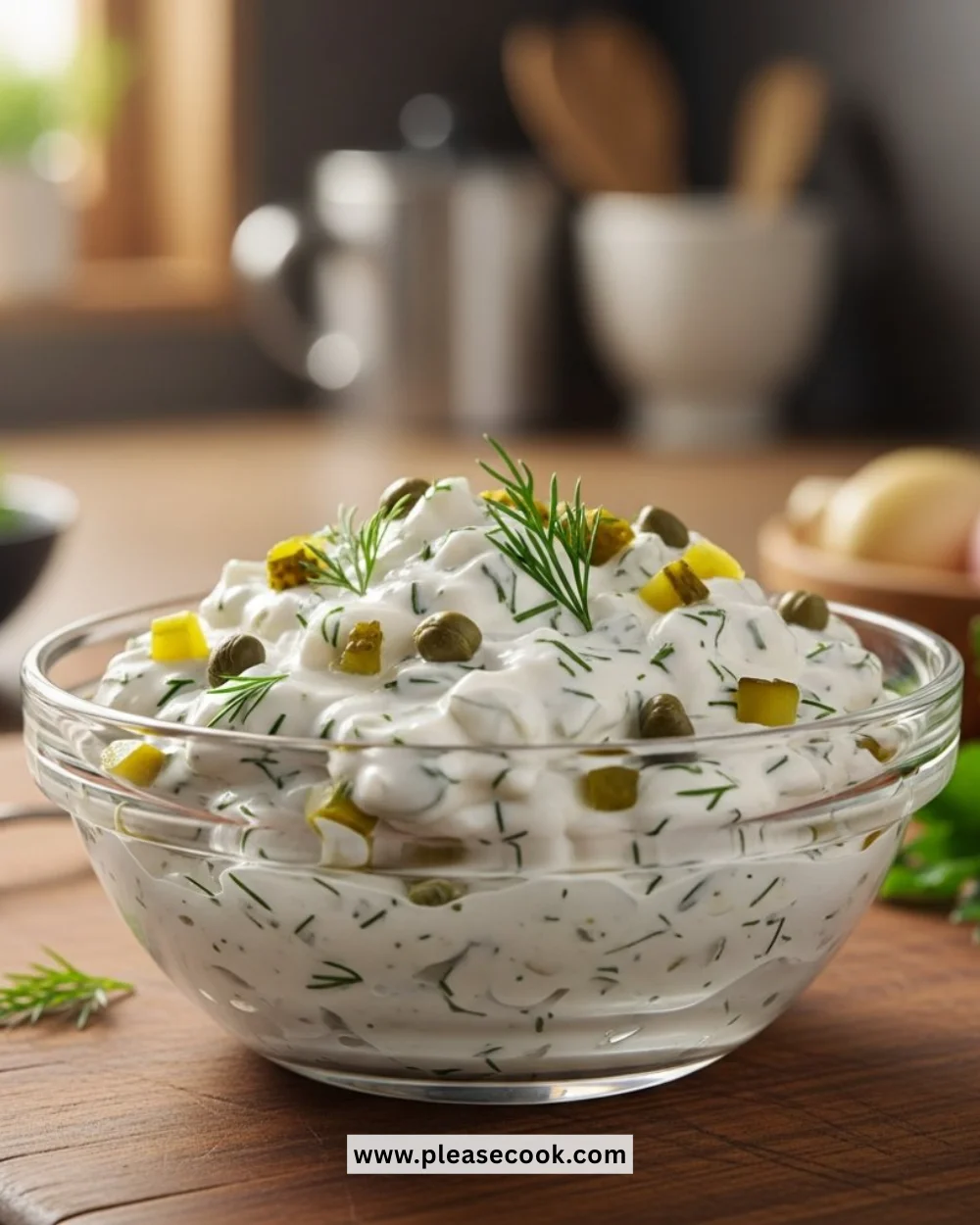 Bowl of easy homemade tartar sauce with fresh herbs and lemon slices.