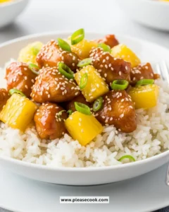 Plate of easy Pineapple Chicken served with rice and colorful vegetables