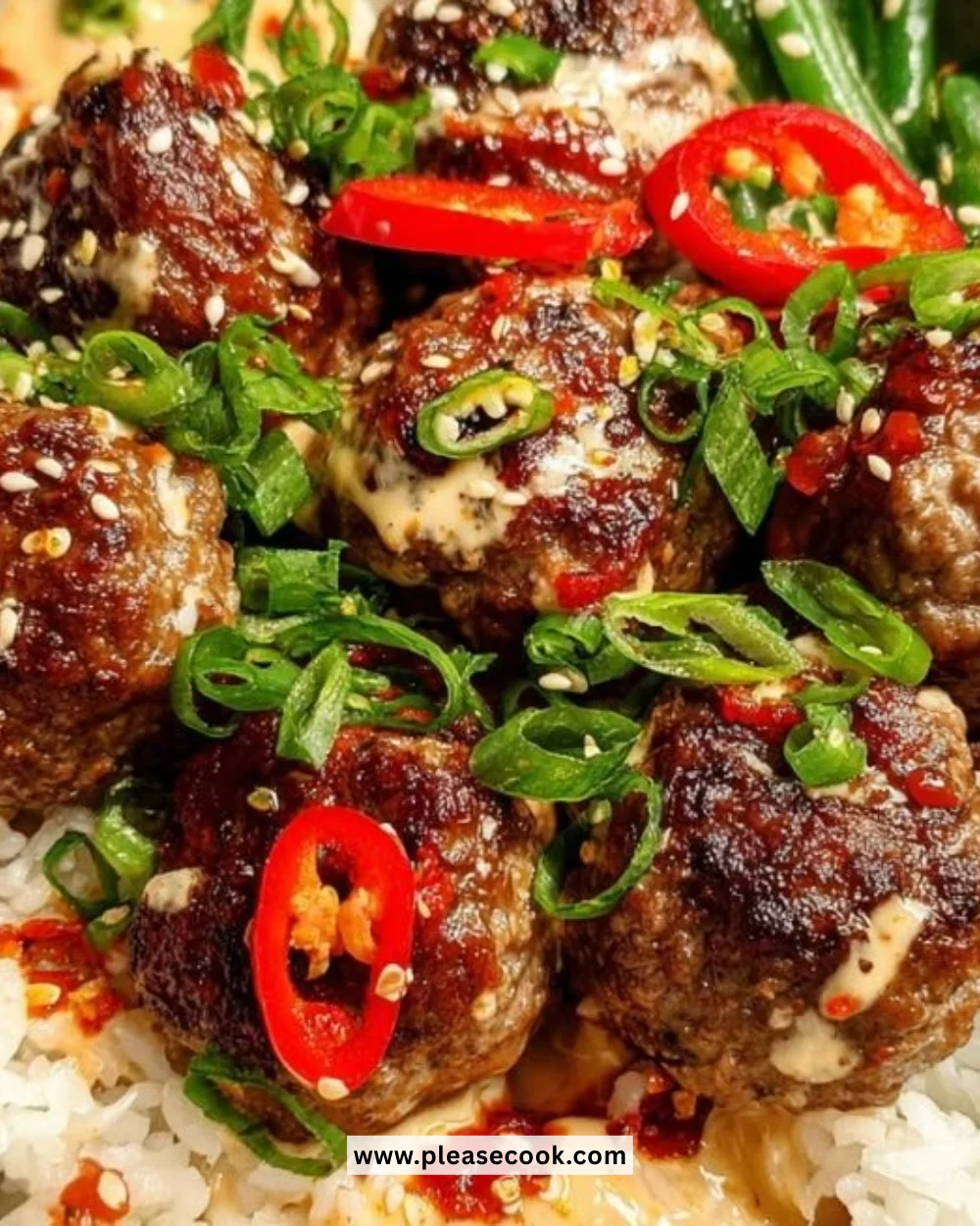 Firecracker meatballs with coconut rice on a plate