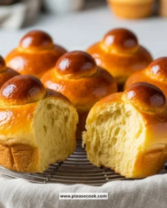Freshly baked fluffy brioche buns on a wooden table
