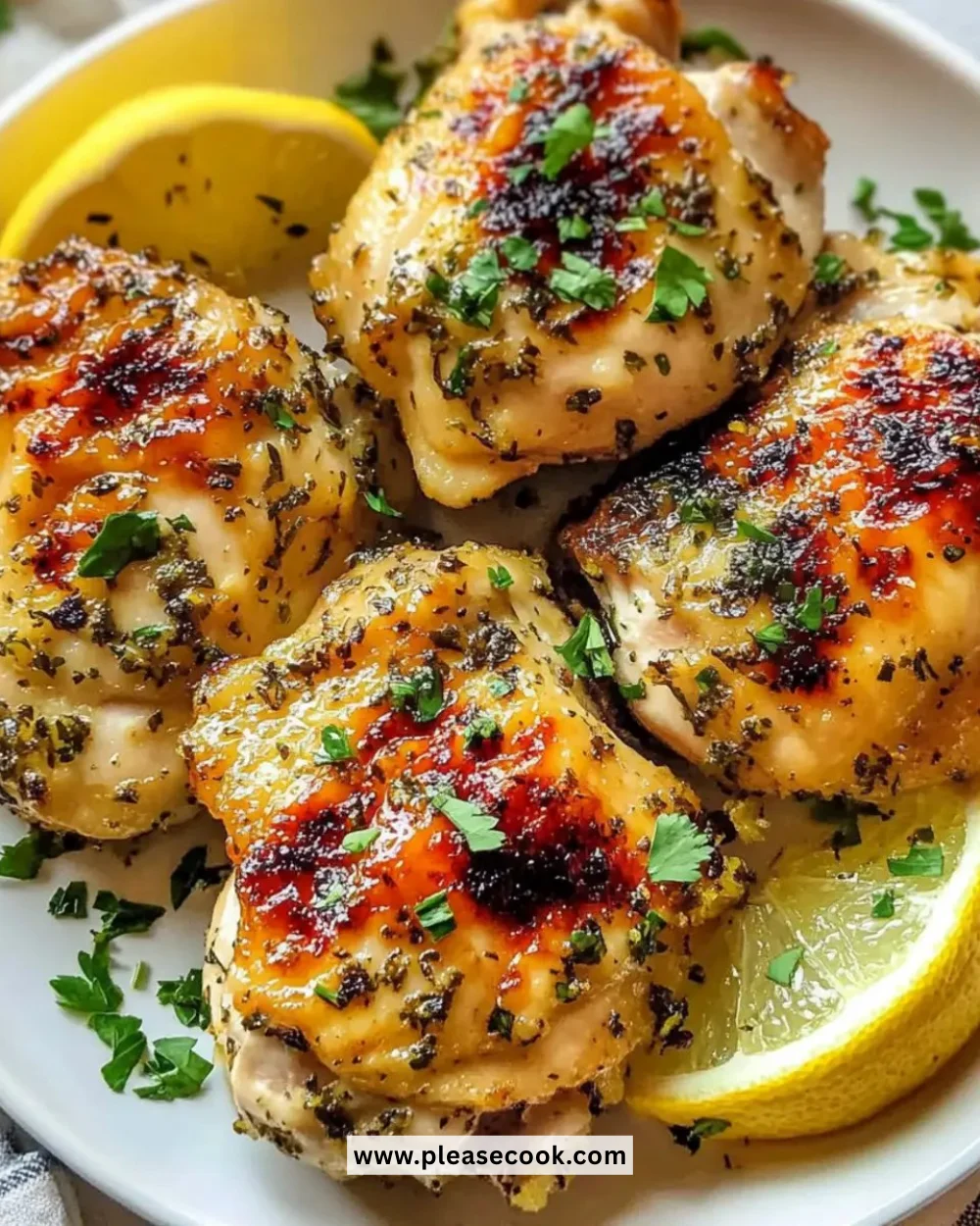 Delicious Garlic Lemon Chicken Thighs served with lemon slices