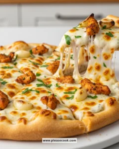 Delicious Garlic-Ranch Chicken Pizza topped with chicken and ranch dressing