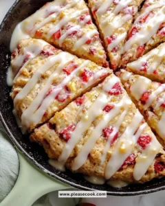 Glazed Einkorn Strawberry Scones fresh from the oven with strawberries on top