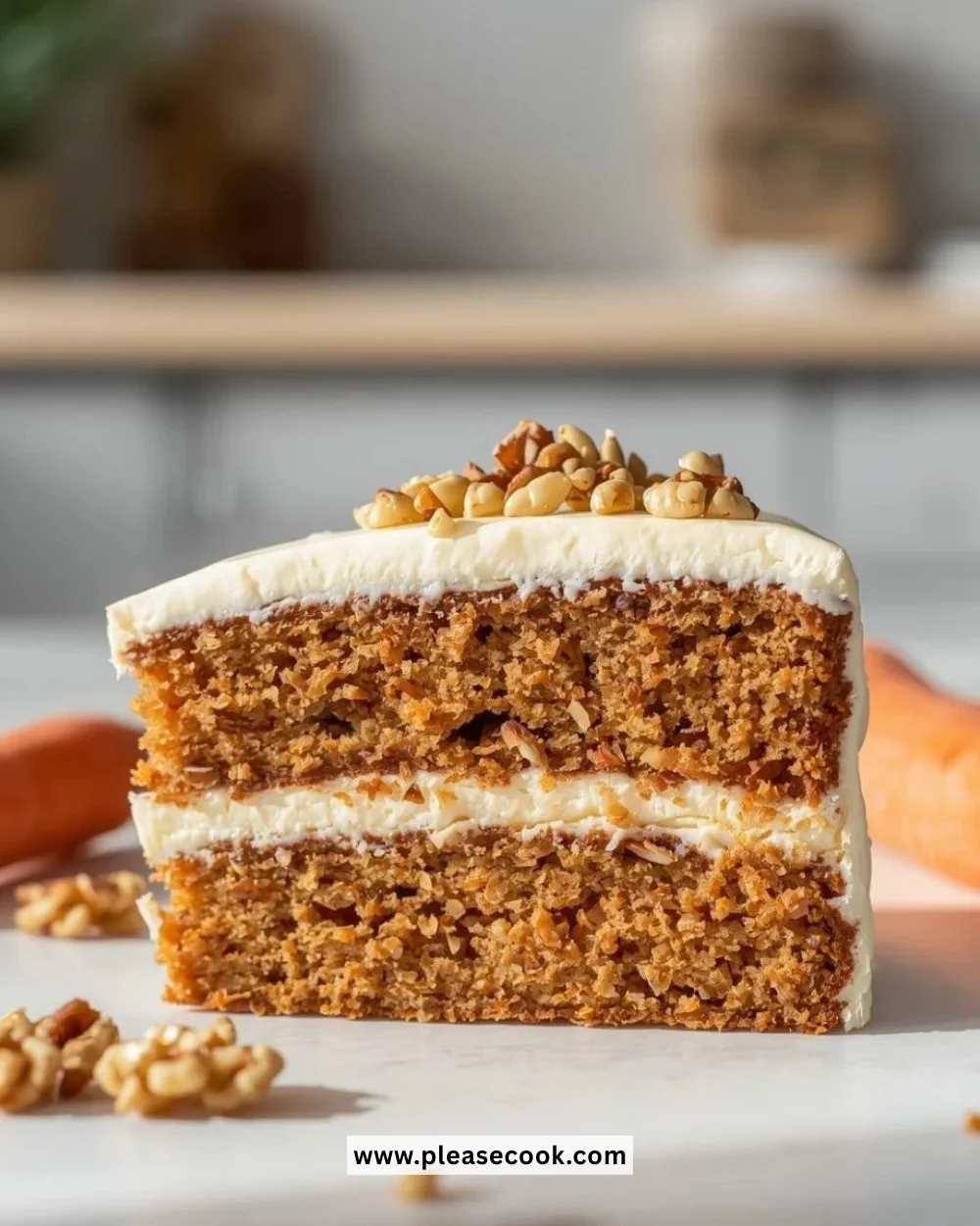 Delicious gluten-free carrot cake slice topped with cream cheese frosting.