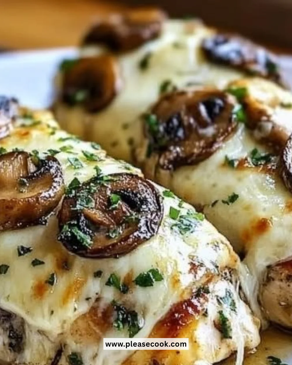 Delicious Gouda and Mushroom Stuffed Chicken, ready to serve.