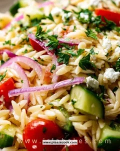 Fresh Greek Orzo Pasta Salad with vegetables and feta cheese