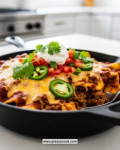 Ground beef enchilada skillet topped with cheese and fresh ingredients