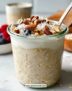 Bowl of high-protein overnight oats topped with fruits and nuts