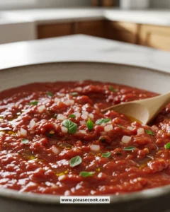 Bowl of homemade spaghetti sauce with fresh herbs and tomatoes