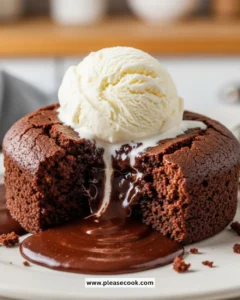 Delicious hot fudge cake served with whipped cream and chocolate drizzle