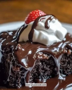 Delicious hot fudge pudding cake served with ice cream and chocolate syrup