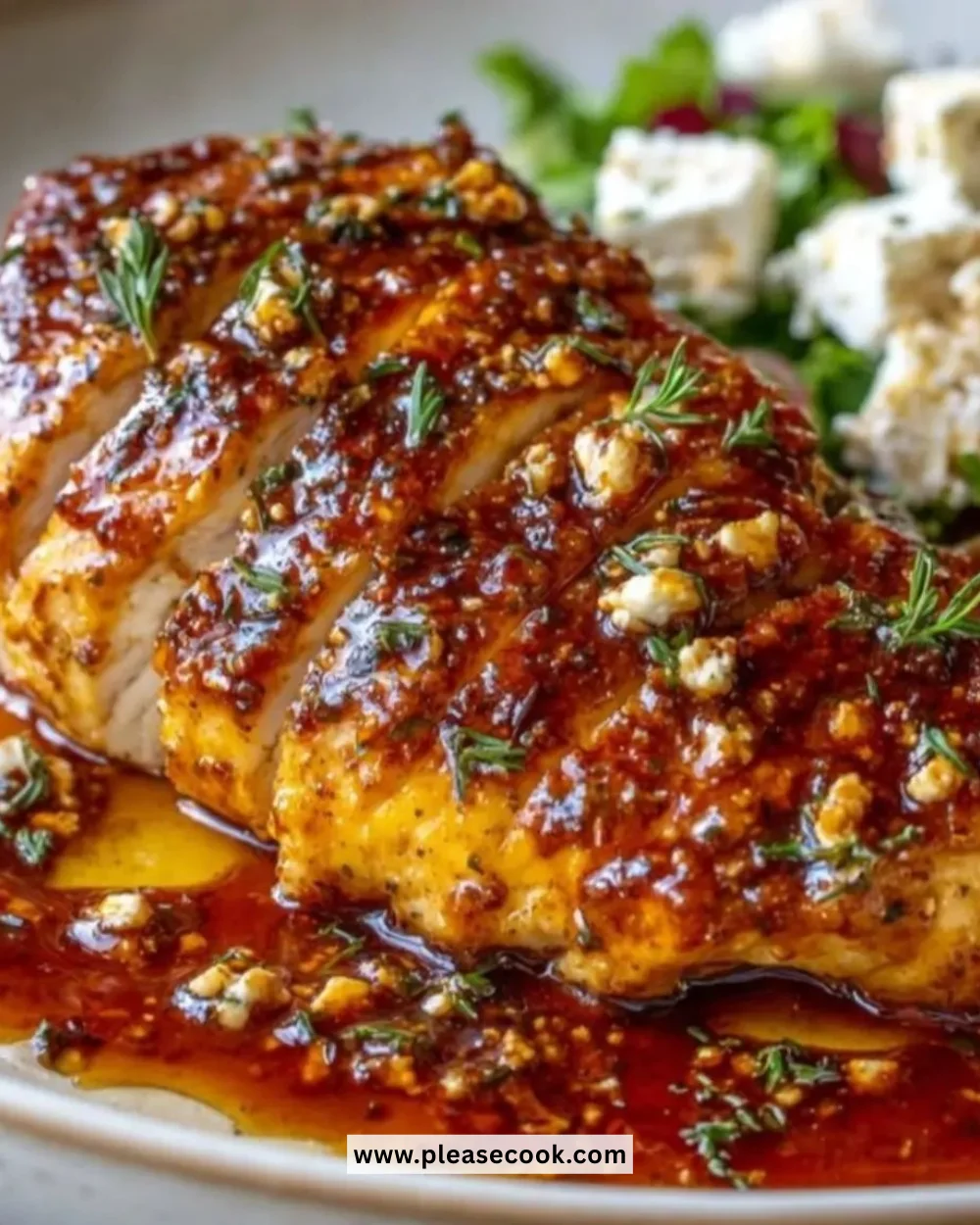 Plate of Hot Honey Feta Chicken garnished with herbs and served with sides.