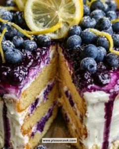 Moist Lemon Blueberry Layer Cake with creamy frosting and fresh blueberries