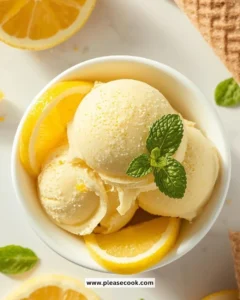 Creamy lemon ice cream in a bowl with a slice of lemon garnish