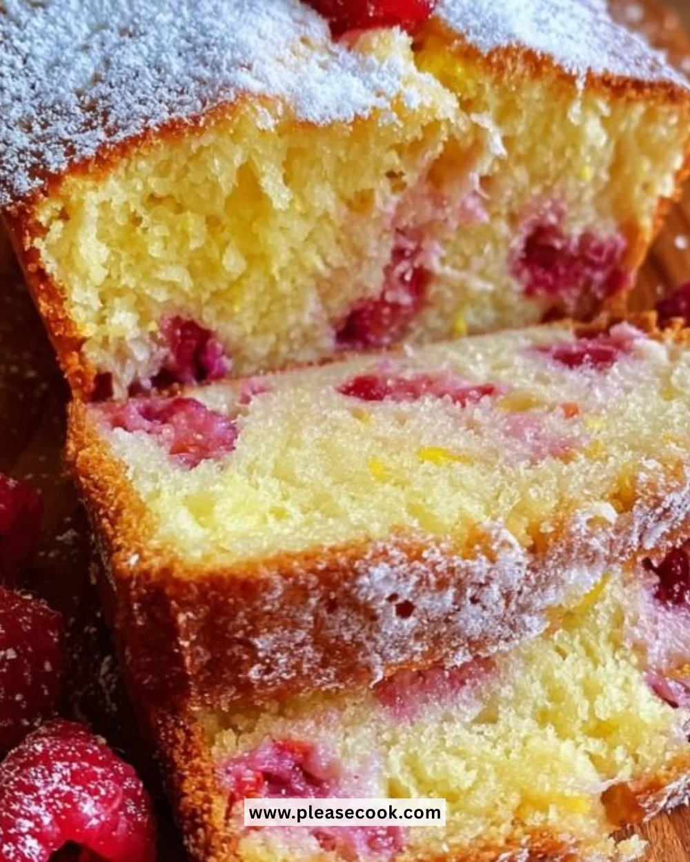 Freshly baked lemon raspberry loaf with vibrant berries and a citrus glaze
