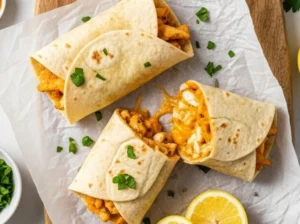 Low carb cheesy garlic chicken wraps on a plate, garnished with herbs.