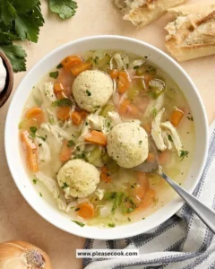A bowl of homemade Matzo Ball Soup with fresh herbs and vegetables