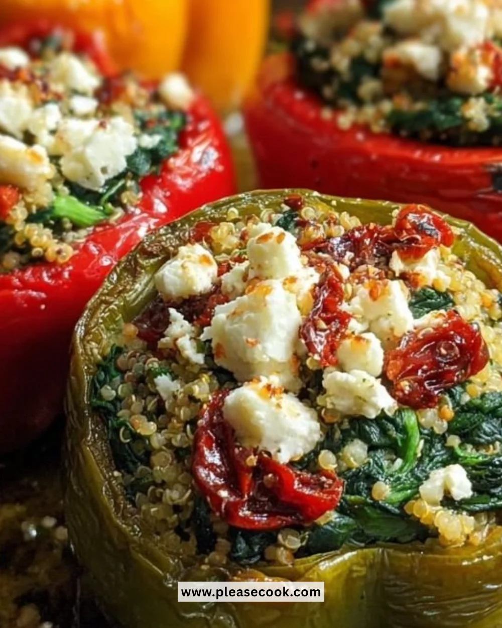 Mediterranean spinach feta stuffed peppers on a wooden table