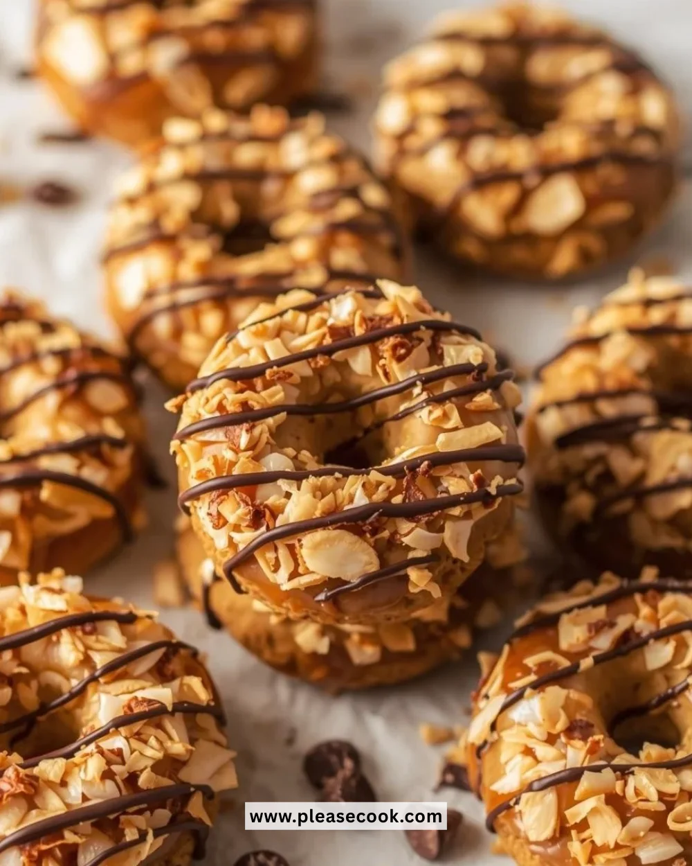 Delicious no bake Samoa cookies topped with chocolate and coconut.