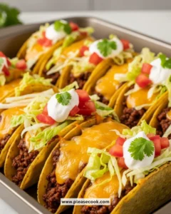 Oven-baked cheesy tacos garnished with fresh toppings on a plate