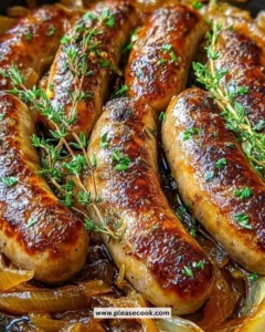 Oven braised beer brats topped with caramelized onions on a plate.