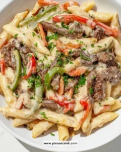 Delicious Philly Cheese Steak Pasta with cheese, steak, and pasta in a creamy sauce