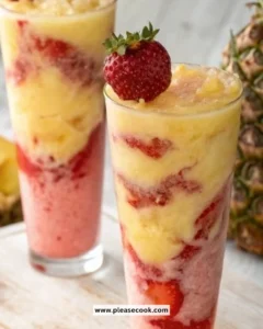 Refreshing Pineapple Strawberry Swirled Slushies served in glasses with fruit garnish