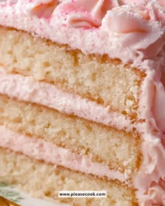 Slice of luxurious Pink Champagne Cake topped with pink frosting and sprinkles