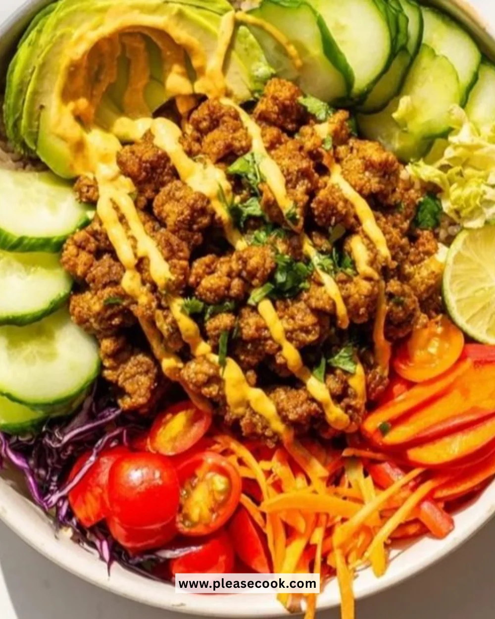 Colorful plant-based meat bowl with fresh vegetables and grains
