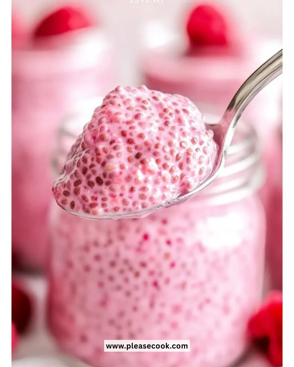 Raspberry chia pudding topped with fresh raspberries and maple syrup