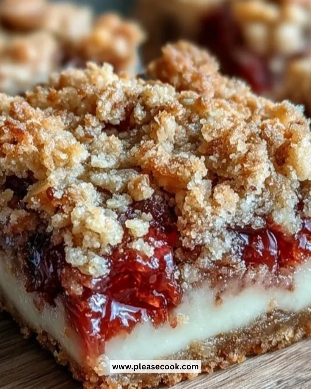 Delicious Rhubarb and Custard Crumble Bars on a wooden table