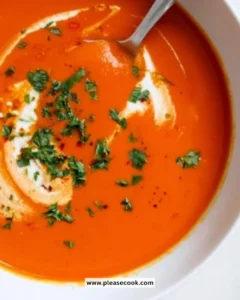 Delicious bowl of roasted red pepper soup garnished with herbs