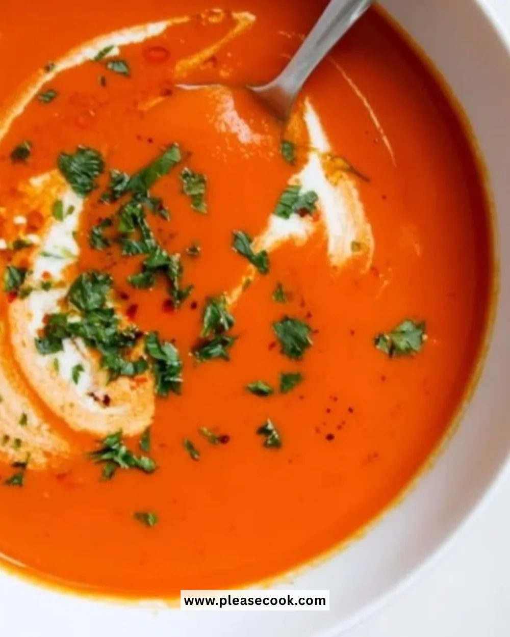 Delicious bowl of roasted red pepper soup garnished with herbs