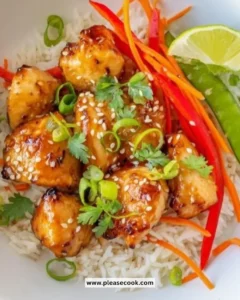 Sesame ginger chicken bowl garnished with green onions and sesame seeds