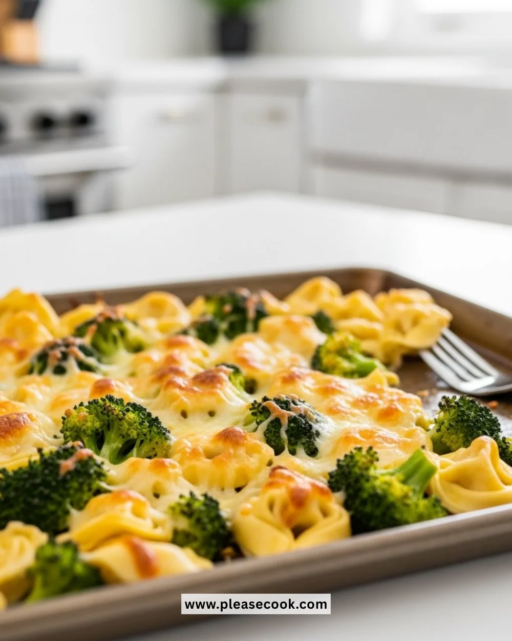 Delicious Sheet Pan Broccoli Tortellini Bake served on a plate.