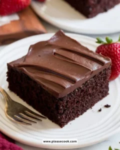Simple chocolate cake with rich frosting served on a white plate