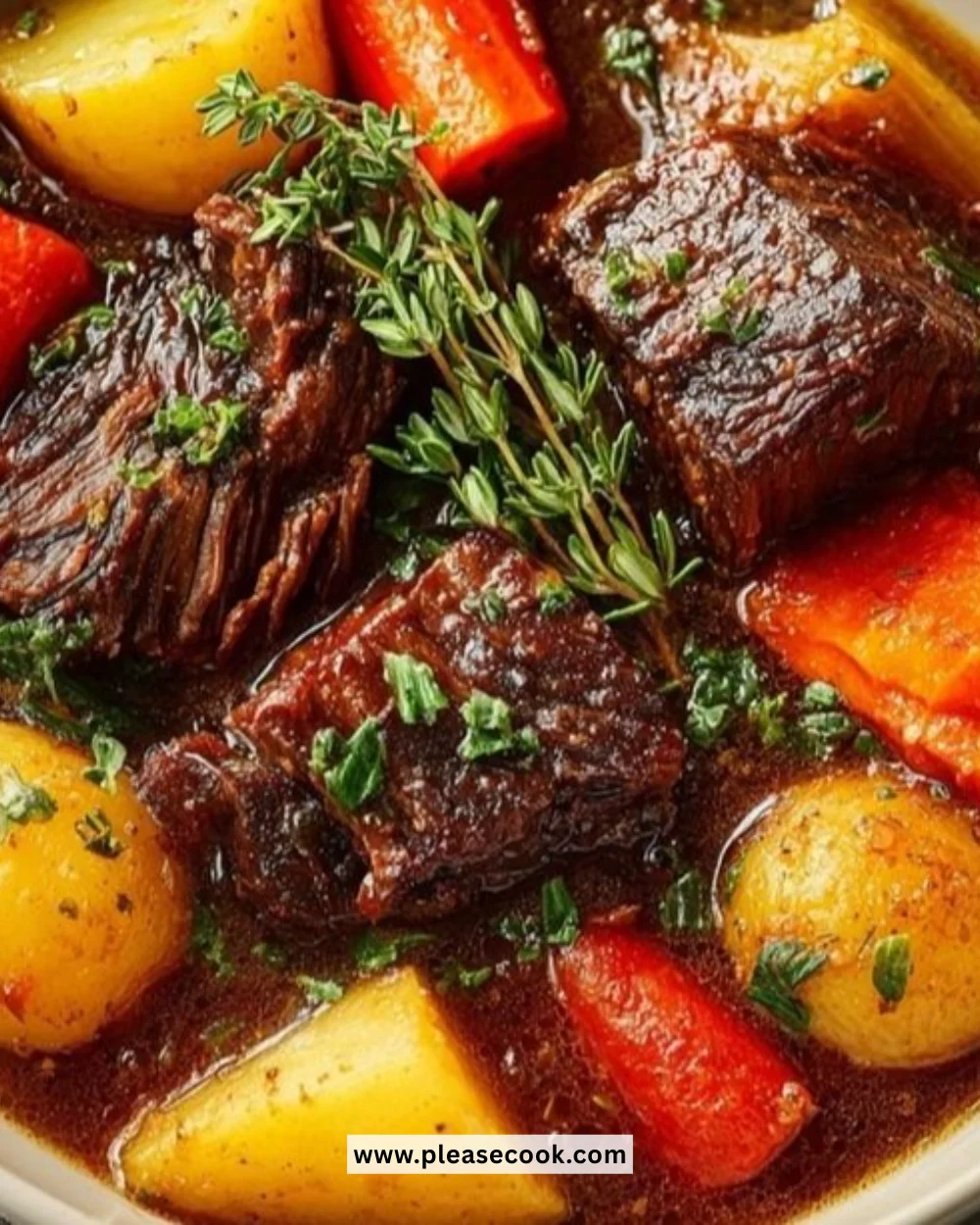 Bowl of slow-cooker beef stew with fresh vegetables