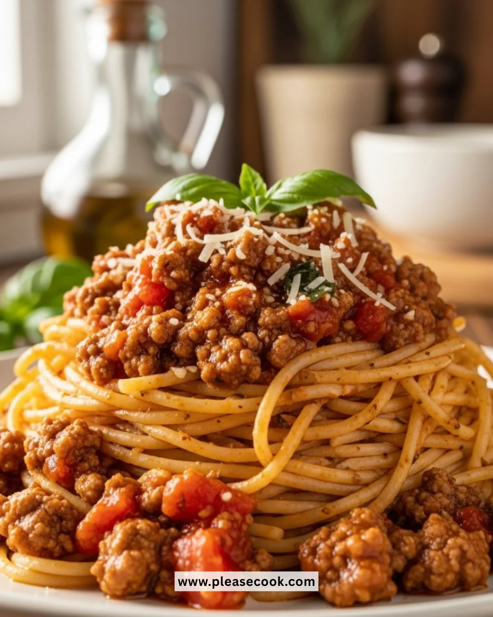 A bowl of spaghetti topped with rich meat sauce and fresh herbs.