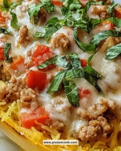 Spaghetti squash casserole with ground turkey, melted cheese, and fresh herbs