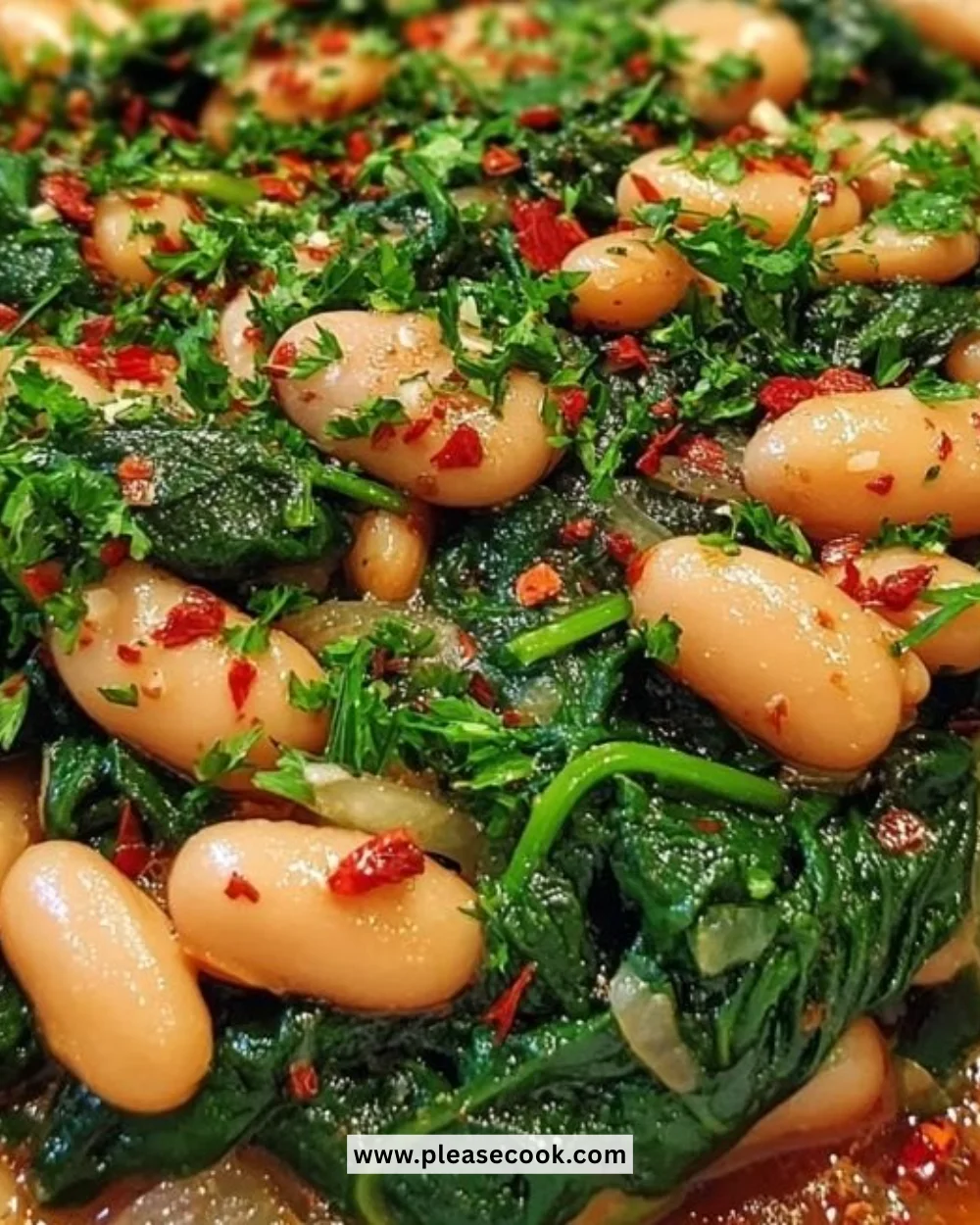 Healthy spinach and white beans dish with vibrant greens and legumes.