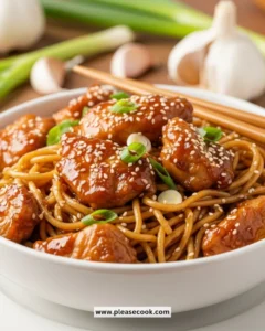 Serving of Sticky Garlic Chicken Noodles garnished with green onions.