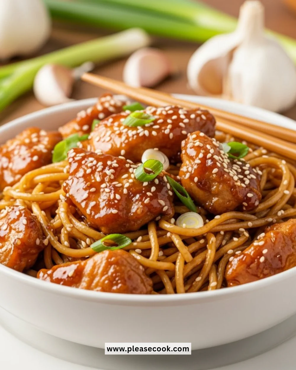 Serving of Sticky Garlic Chicken Noodles garnished with green onions.